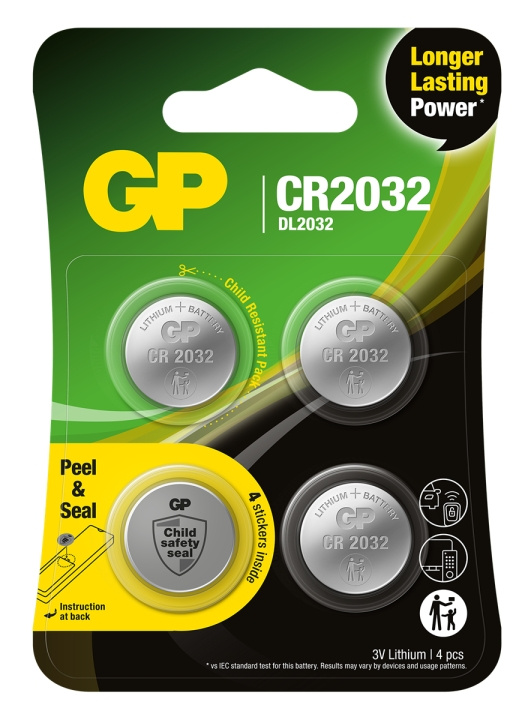 GP Lithium Cell Battery CR2032, 3V, Safety Seal, 4-pack in the group HOME ELECTRONICS / Batteries & Chargers / Batteries / Button cell at TP E-commerce Nordic AB (D13747)