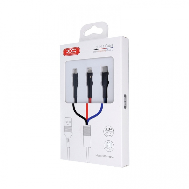 Xo NB54, 3in1 USB - Lightning, USB-C, microUSB Charging Cable (3A) 1.2m Xo NB54, 3in1 USB - Lightning, USB-C, microUSB Charging Cable (3A) 1.2m