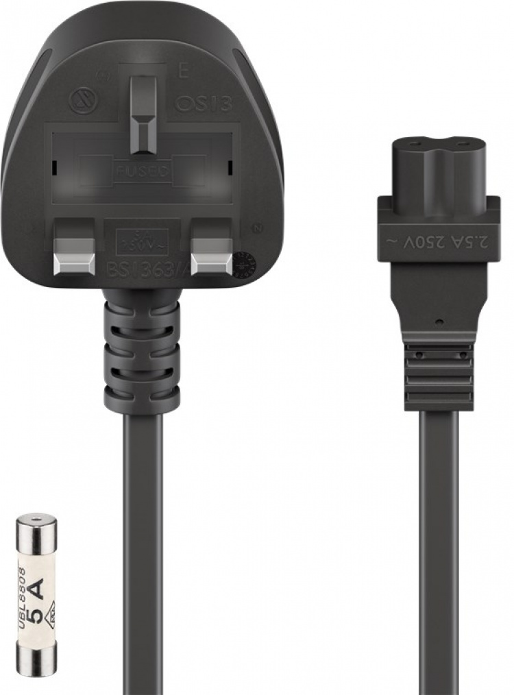 Goobay UK Mains Connection Cable, 1.8 m, Black UK 3-pin plug (type G, BS 1363) > C7 appliance socket Goobay UK Mains Connection Cable, 1.8 m, Black UK 3-pin plug (type G, BS 1363) > C7 appliance socket