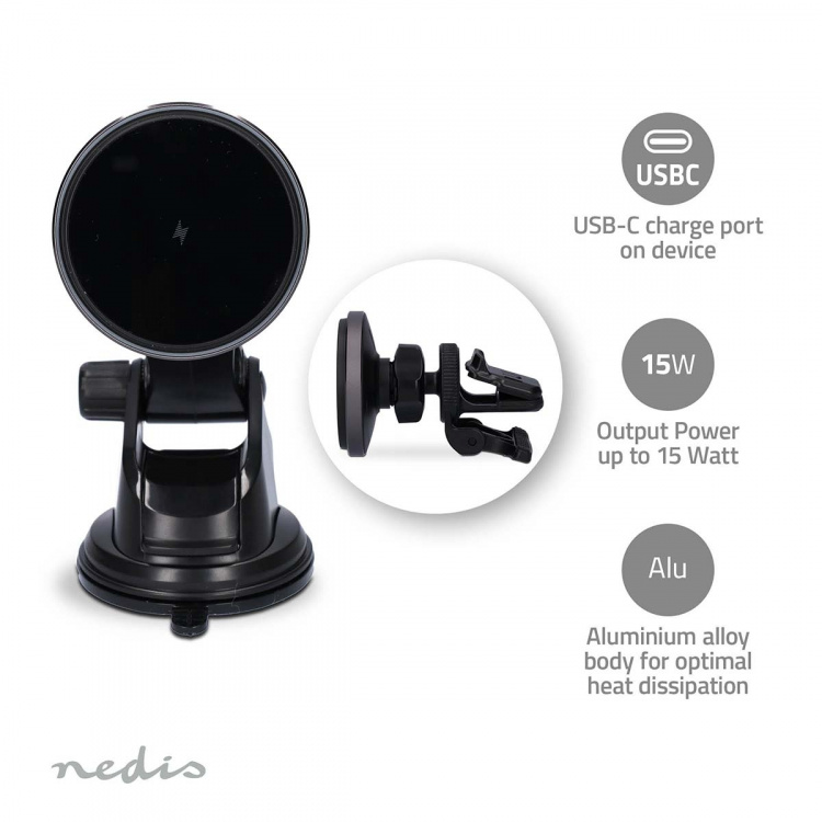 Nedis Wireless Car Charger | 7.5 / 10 / 15 W | 1.5 / 1.67 / 2 A | 1.00 m | FOD / Over Current / Over Voltage / Overheat Protection | USB Type-C™ | Including cable Nedis Wireless Car Charger | 7.5 / 10 / 15 W | 1.5 / 1.67 / 2 A | 1.00 m | FOD / Over Current / Over Voltage / Overheat Protection | USB Type-C™ | Including cable