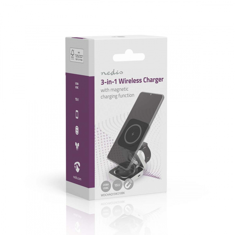 Nedis Wireless Charger | 3-in-1 | 2.5 / 5 / 15 W | LED-indicator in use | Including cable | USB-A / USB-C™ | 1.50 m Nedis Wireless Charger | 3-in-1 | 2.5 / 5 / 15 W | LED-indicator in use | Including cable | USB-A / USB-C™ | 1.50 m