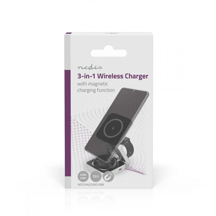 Nedis Wireless Charger | 3-in-1 | 2.5 / 5 / 15 W | LED-indicator in use | Including cable | USB-A / USB-C™ | 1.50 m Nedis Wireless Charger | 3-in-1 | 2.5 / 5 / 15 W | LED-indicator in use | Including cable | USB-A / USB-C™ | 1.50 m