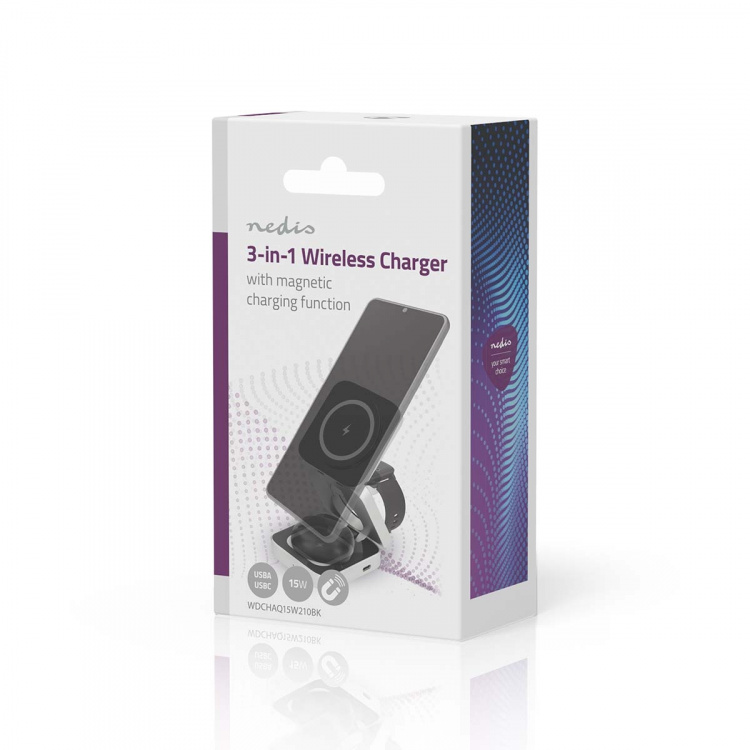 Nedis Wireless Charger | 3-in-1 | 2.5 / 5 / 15 W | LED-indicator in use | Including cable | USB-A / USB-C™ | 1.50 m Nedis Wireless Charger | 3-in-1 | 2.5 / 5 / 15 W | LED-indicator in use | Including cable | USB-A / USB-C™ | 1.50 m